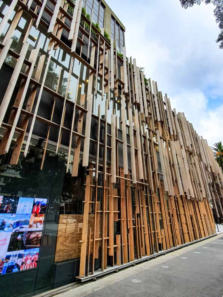 The unique facade with wooden details of the Japan House in Sao Paulo. It's a popular cultural center in the city and is free to visit.