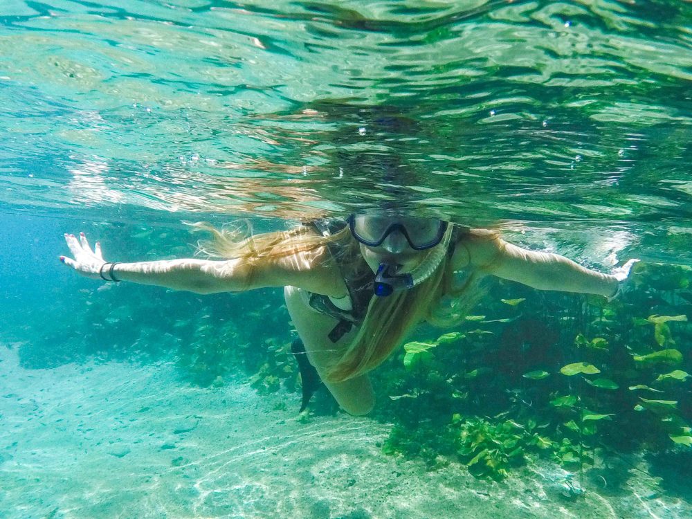 An underwater shot of me snorkeling in the clear blue water of the Pratinha river