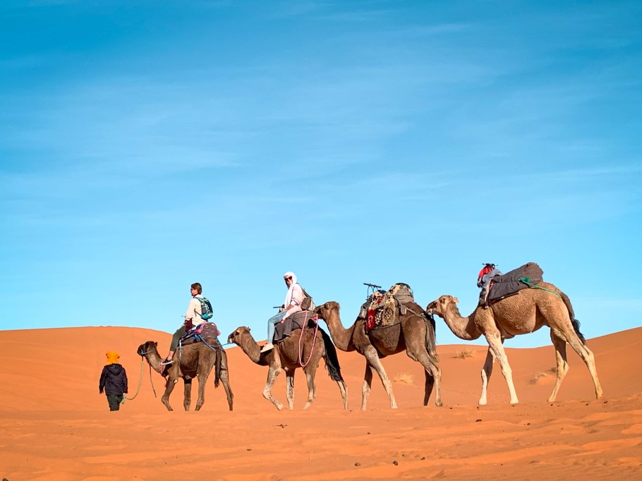 Camelback riding in Sahara desert in Merzouga