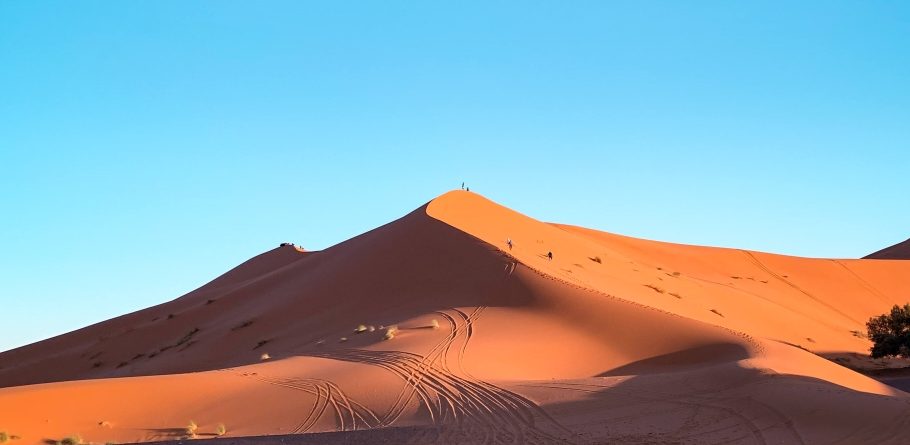 Clear blue sky and Erg Chebbi sand dunes of the Sahara desert in sunset light