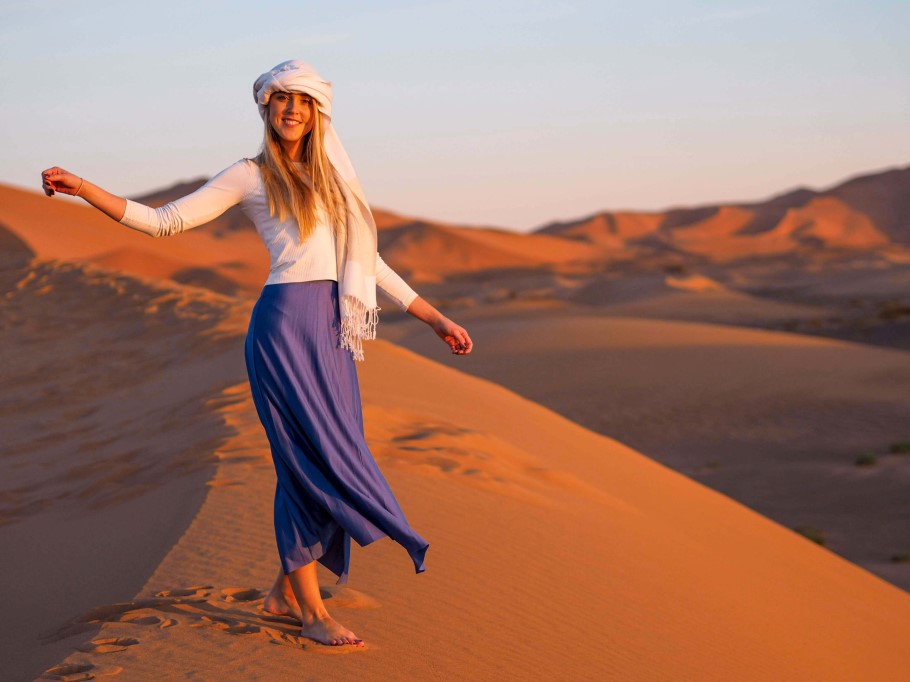 Sunrise over Erg Chebbi sand dunes near Merzouga, Sahara desert