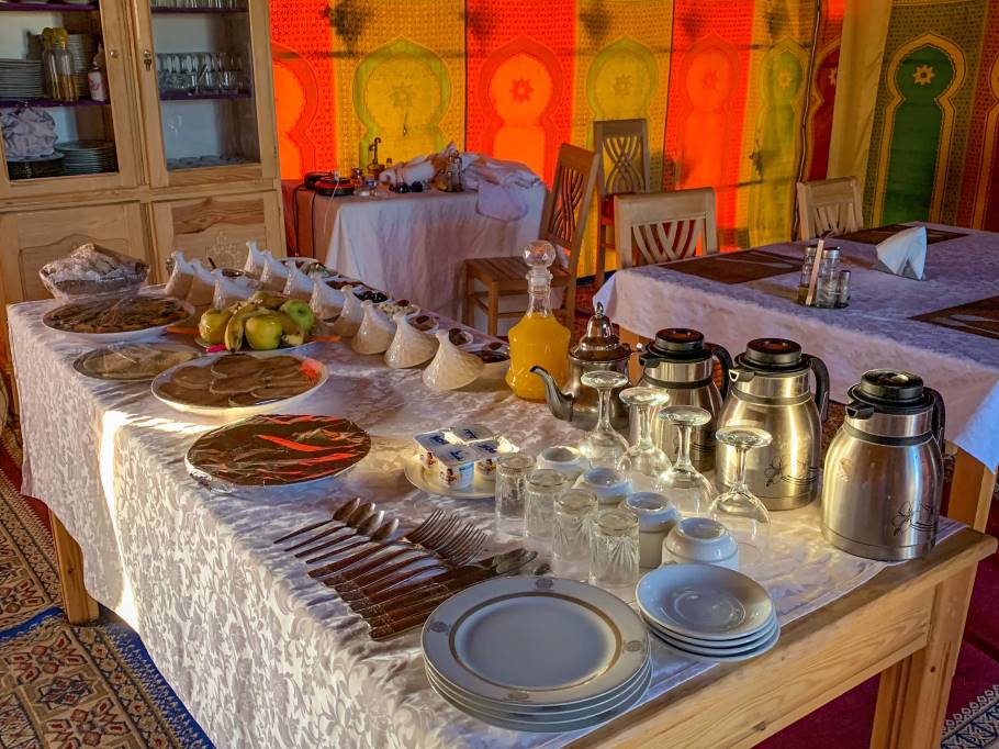 Breakfast buffet at a Sahara desert camp near Merzouga, Morocco