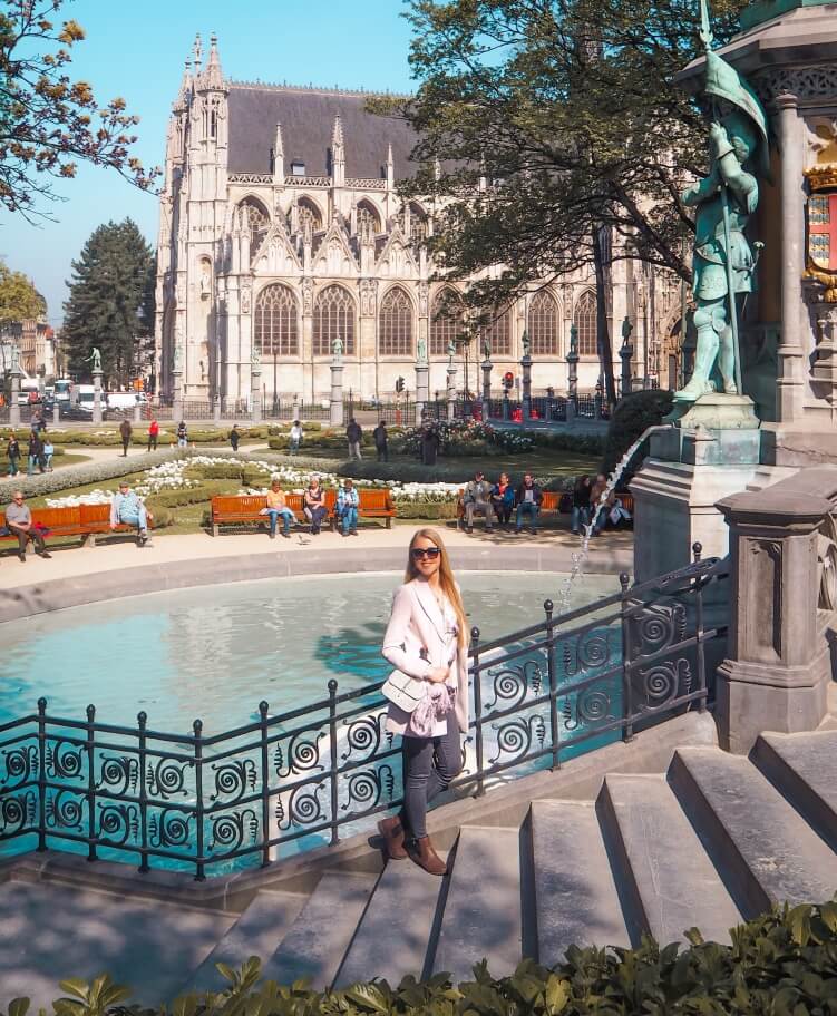 The fountain at Place du Petit Sablon, one of the best parks in Brussels, filled with sculptures and flowers.