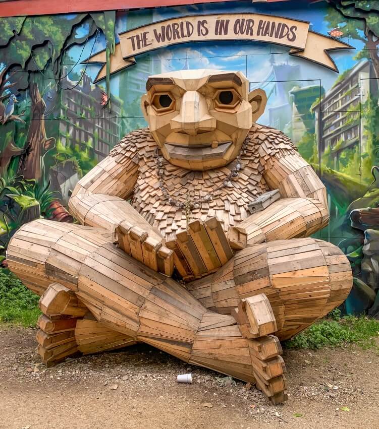 A scrap wood sculpture resembling a troll in Christiania, the hippie district of Copenhagen