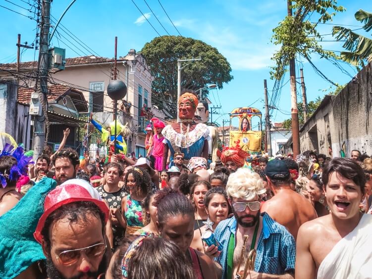 Festive crowds of Ceu Na Terra bloco in Santa Teresa neighbourhood during the Rio de Janeiro carnival