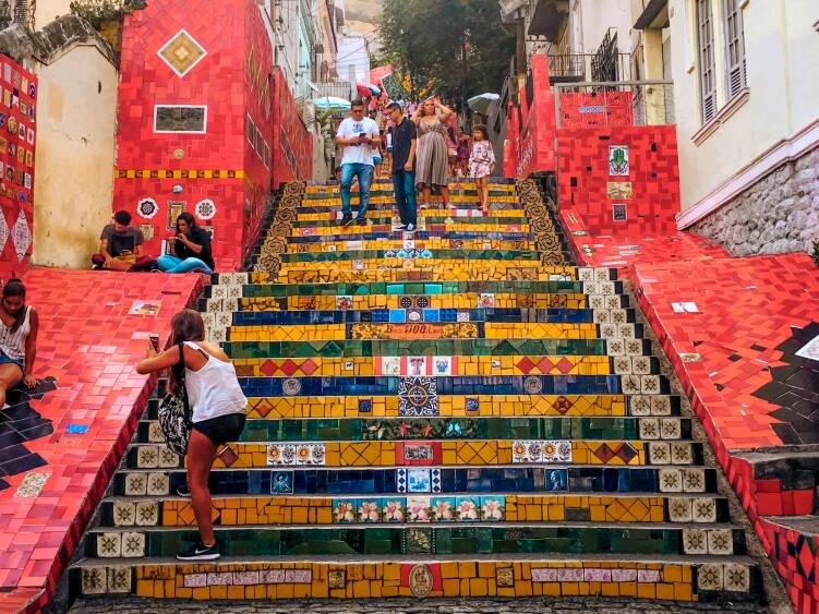 Selaron stairs consisting of hundreds of steps covered with colorful mosaic tiles collected from all over the world; one of the top tourist attractions in Rio