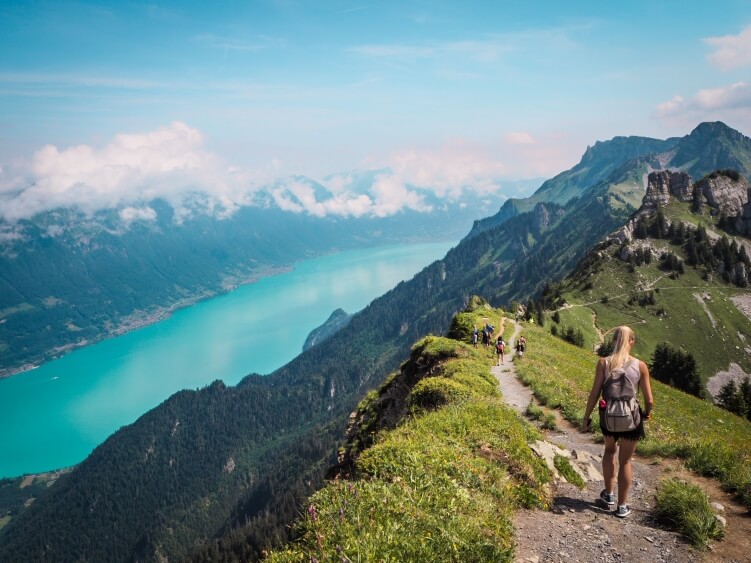 Views over a turquoise lake from the mountains near Interlaken, Switzerland