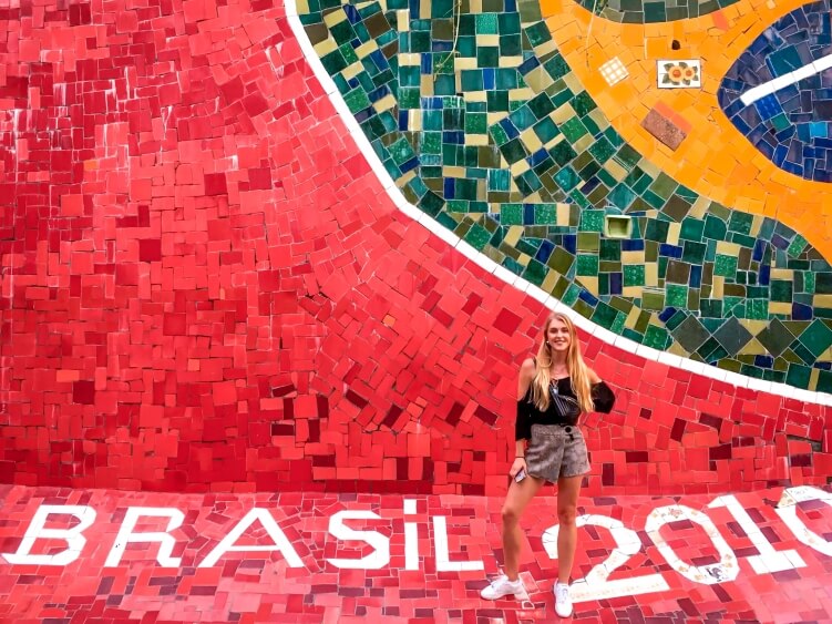 Top section of the famous tiled colorful Selaron stairs (Escadaria Selaron) in Rio de Janeiro, Brazil