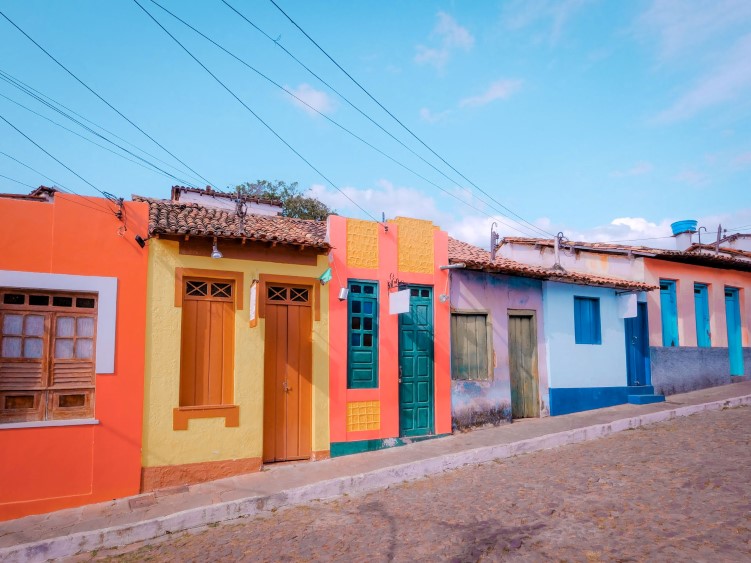 small colorful houses lining the cobblestone streets of the historic town of Lencois in Bahia, Brazil