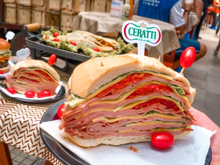 the famous Mortadella sandwich at Sao Paulo's Municipal Market