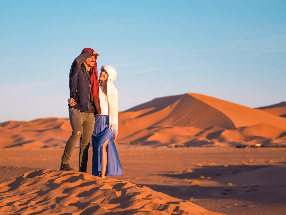 Sunrise at the golden sand dunes of Sahara desert in Merzouga, Morocco