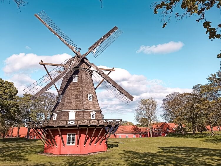 A wooden windmill at Kastellet, a 17th-century fortress in the center of Copenhagen which nowadays is used both for military operations as well as a public park