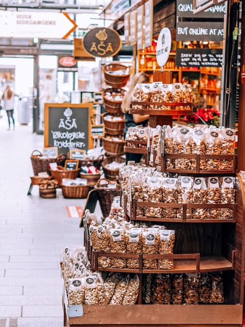 a selection of nuts at Torvehallerne food market in Copenhagen, Denmark