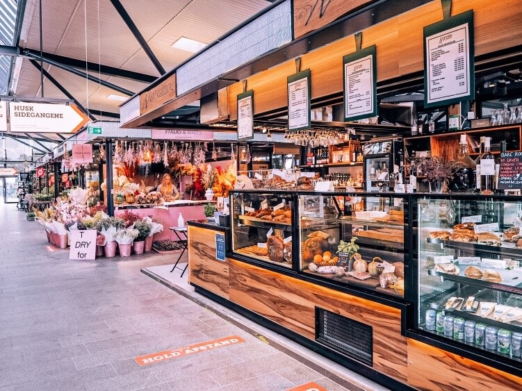 Bakery products on display at Torvehallerne market in central Copenhagen, the capital of Denmark