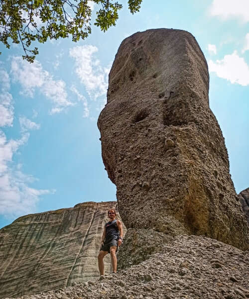 long thin Adrachti rock, also known as the Spindle, one of the best places for hiking in Meteora