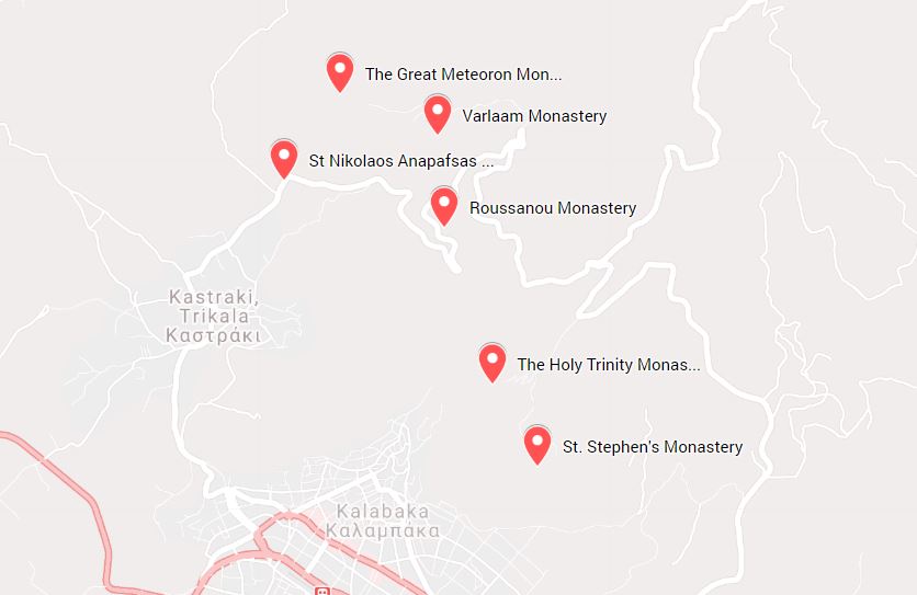 Meteora monasteries map with the six active monasteries in the region