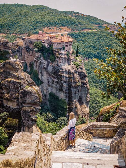 A view from the Great Meteoron Monastery over Varlaam Monastery in Meteora, Greece