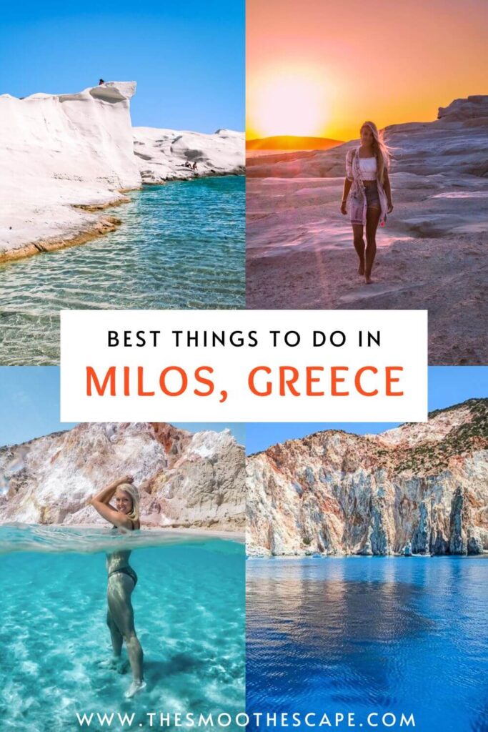 A Pinterest pin with four images showcasing the beaches and sunsets of Milos, and a text overlay stating "Best things to do in Milos, Greece".