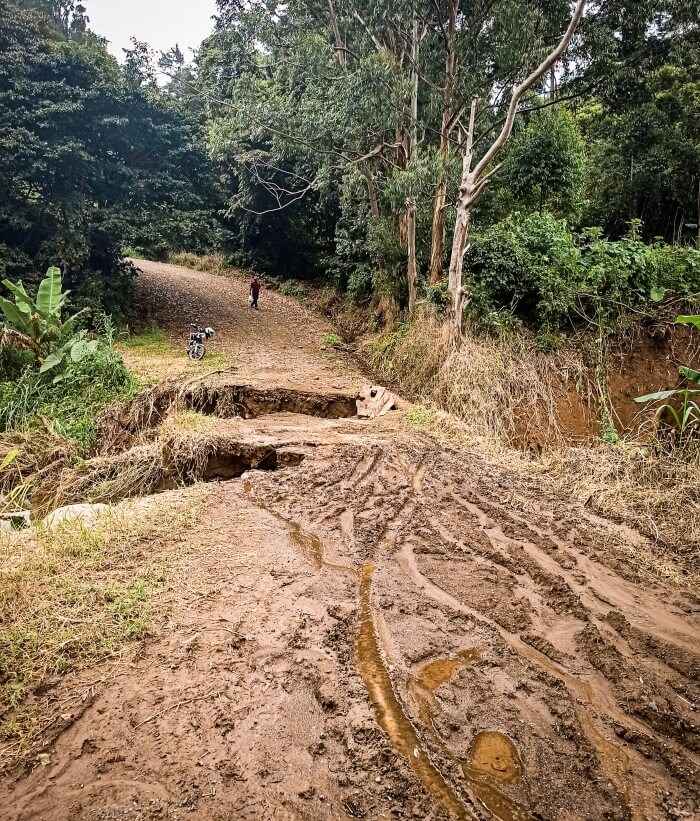 a collapsed bridge and a muddy road through a forest in Costa Rica