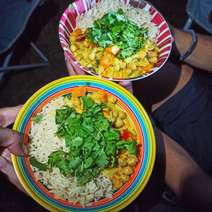 Coconut curry with rice that we prepared during our camping road trip in Costa Rica