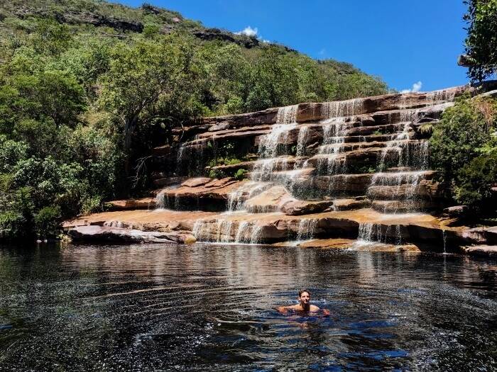 Pocao waterfall, a small cascading waterfall in Chapada Diamantina National Park in northeastern Brazil