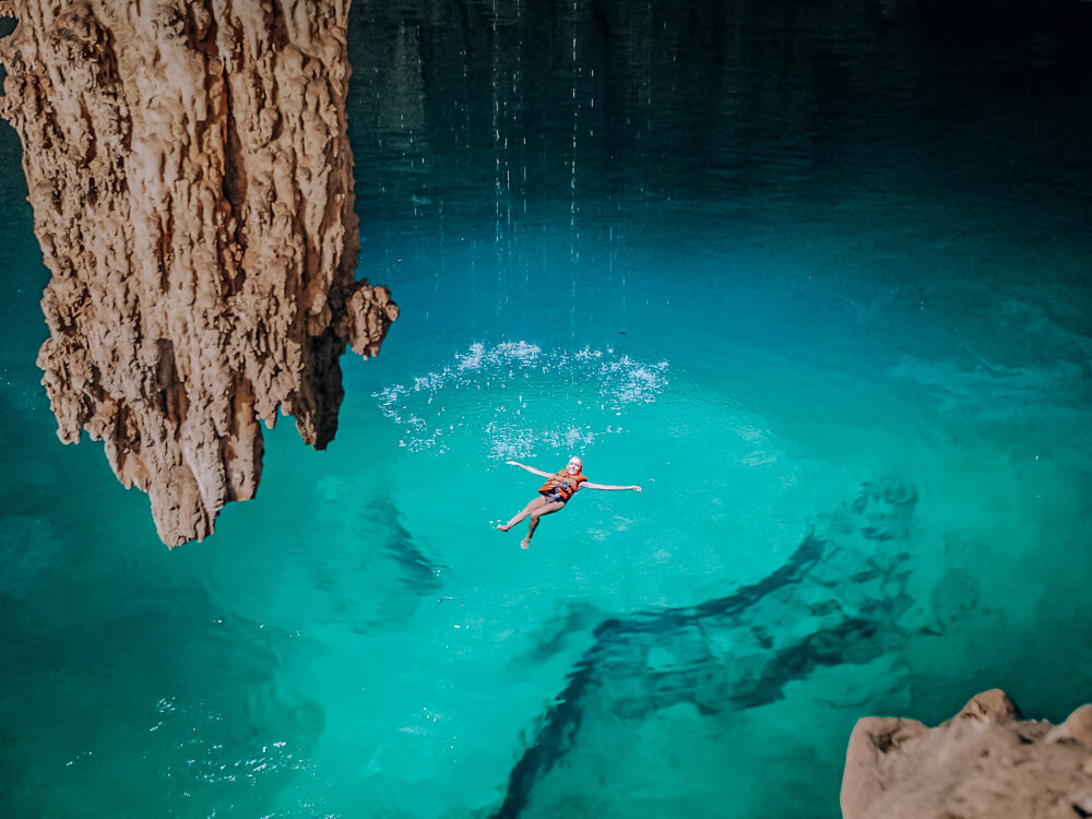 Clear turquoise waters of Cenote Suytun, one of the best cenotes near Valladolid, Mexico