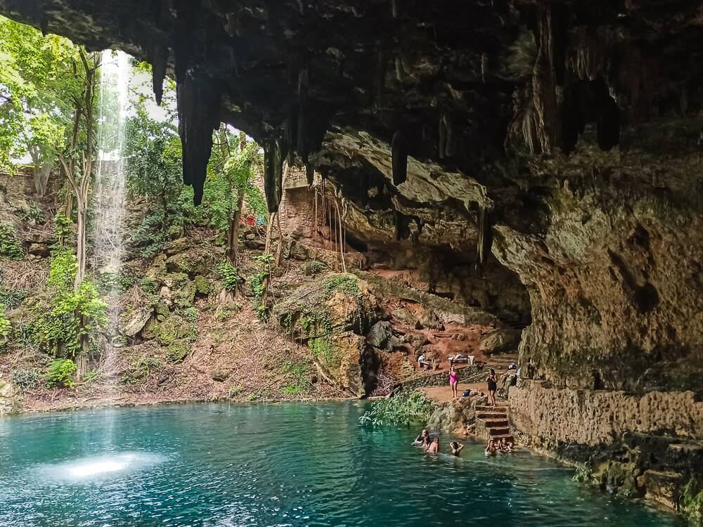 The incredible blue waters and cave of Cenote Zaci, one of the top things to do in Valladolid, Mexico