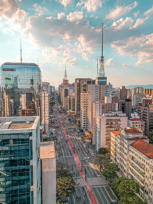 high rise buildings lining Paulista Avenue, the busiest street in Sao Paulo