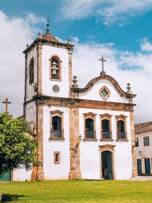 a white church in the historical center of Paraty, in Rio de Janeiro state