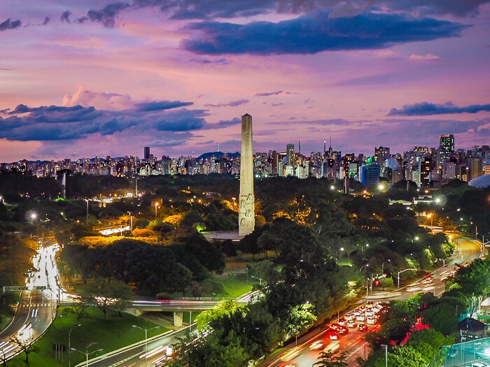 View from Restaurant Vista over Ibirapuera Park and Sao Paulo skyline in Brazil