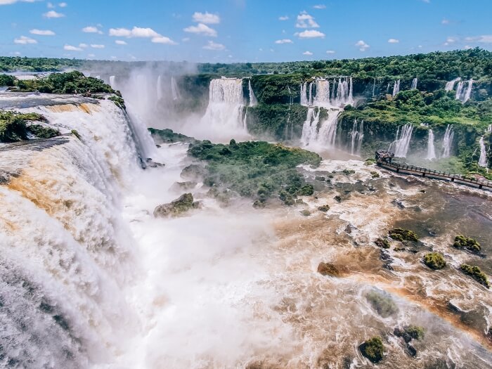 A panoramic view of the dozens of individual waterfalls of Iguazu Falls, viewed from the Brazil side