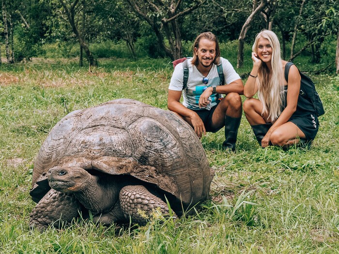 Two people posing with a giant Galapagos tortoise in El Chato reserve on Santa Cruz island