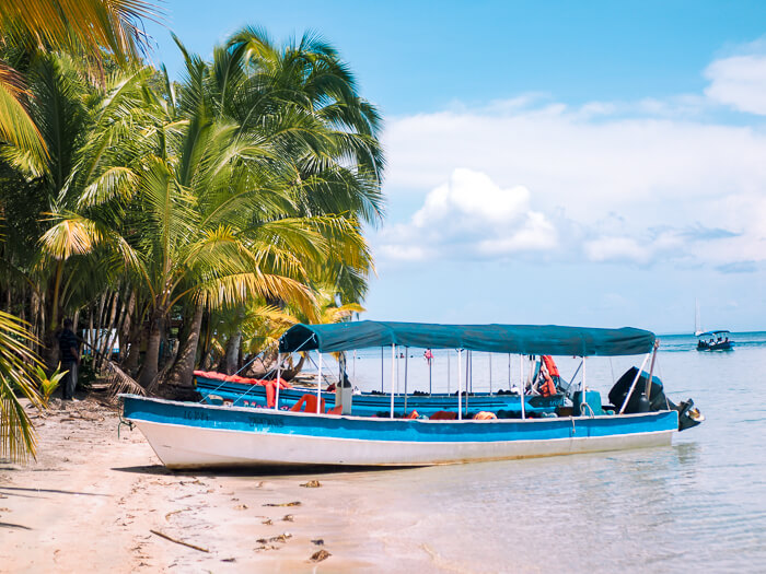 A blue taxi boat standing on the sandy coast of Starfish Beach, one of the coolest Bocas del Toro beaches.