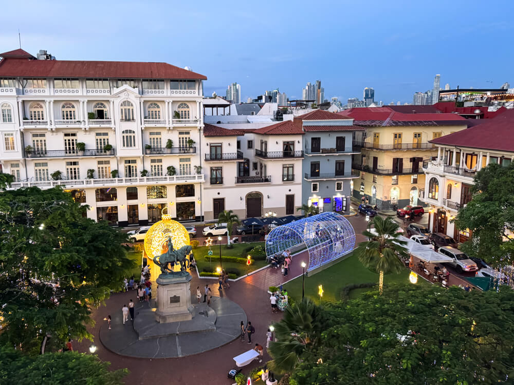 A view over a square bordered with colonial buildings in Casco Viejo, Panama City.