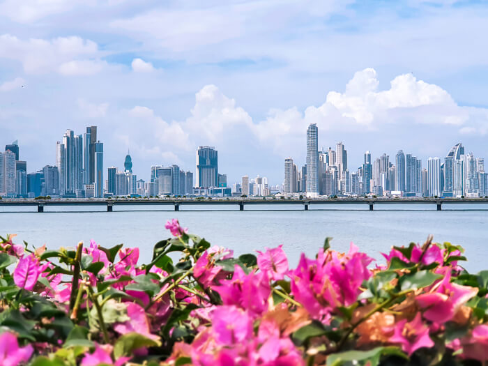 Panama City skyline full of towering skyscrapers, viewed from Casco Viejo, the city's historic district