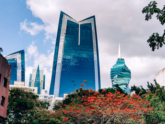 Modern high rise buildings with glass facades in downtown Panama City, the capital of the small Central American country