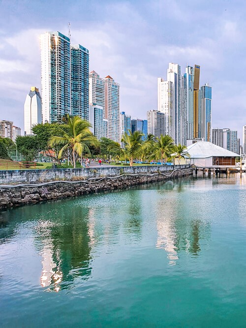 Modern buildings next to Panama City's waterfront promenade Cinta Costera