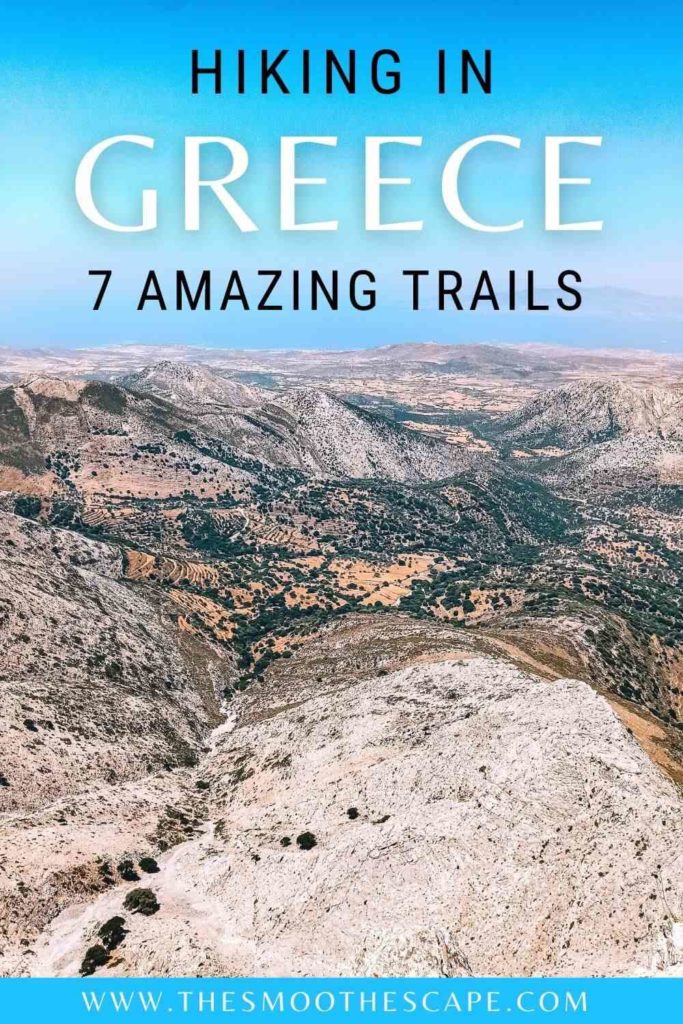 A Pinterest pin with an image of dry mountainous landscapes and a text overlay stating: Hiking in Greece, 7 amazing trails.