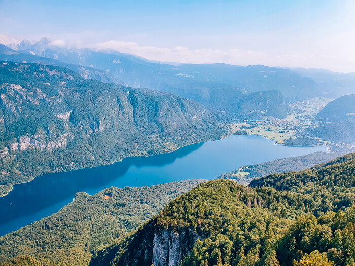 View over Lake Bohinj and the surrounding mountains from Vogel Ski Center