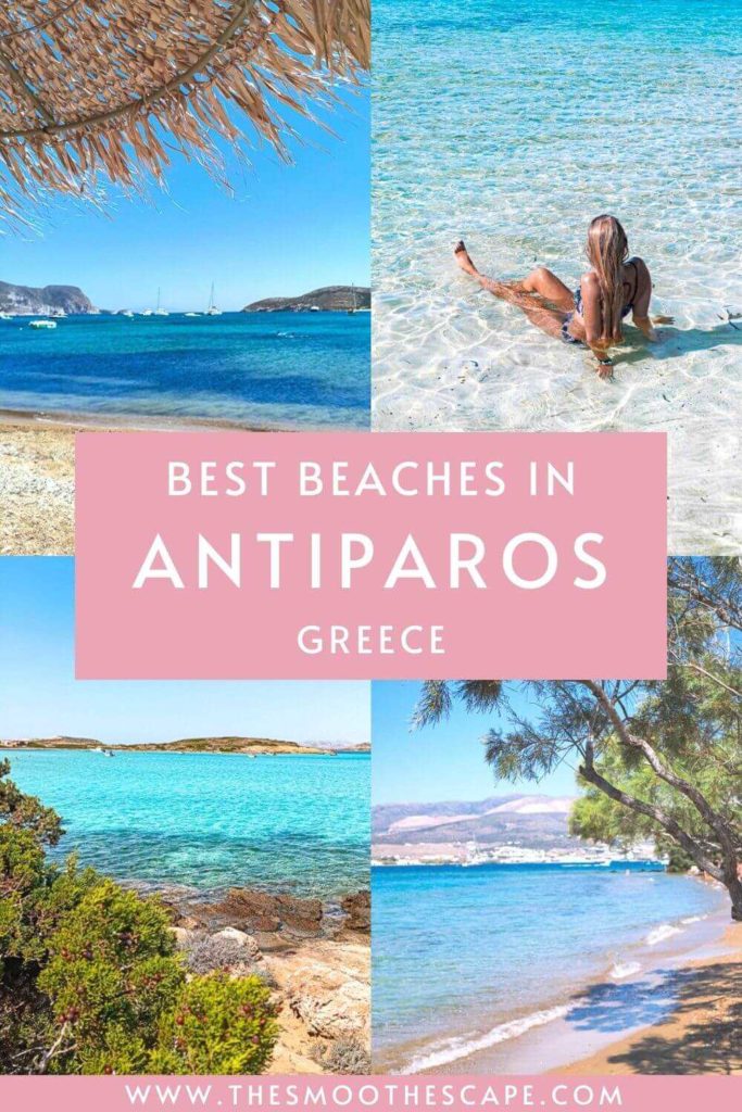 A Pinterest pin with four images of different beaches and a text overlay stating 'Best beaches in Antiparos, Greece'.