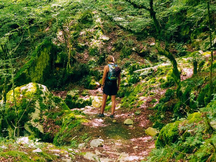 A man walking through a lush unspoiled forest along a hiking trail in Zagori, Greece.
