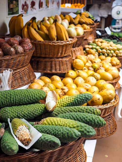 Colorful tropical fruits being sold at Funchal Farmers Market