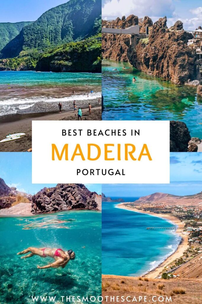 Pinterest pin featuring Seixal black sand beach, Porto Moniz natural pools and the golden Porto Santo Beach plus a text overlay stating 'Best beaches in Madeira, Portugal'.
