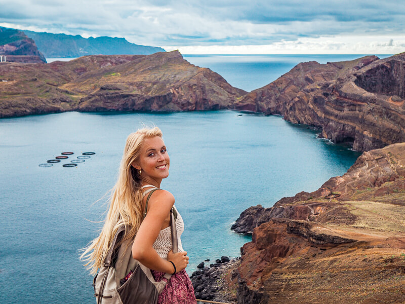Me hiking at Ponta de São Lourenço with rugged coastal landscapes in the background.