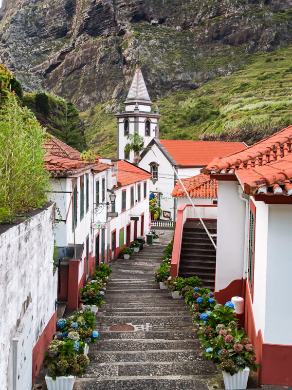 Steep, narrow stairway in the town of São Vicente, Madeira, lined with hydrangea flower pots and traditional white-and-red buildings with terracotta roofs.