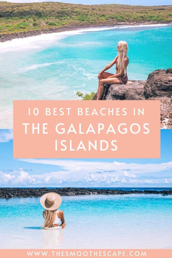 A Pinterest pin with two images of me on a beach and a text overlay saying '10 best beaches in the Galapagos Islands'.