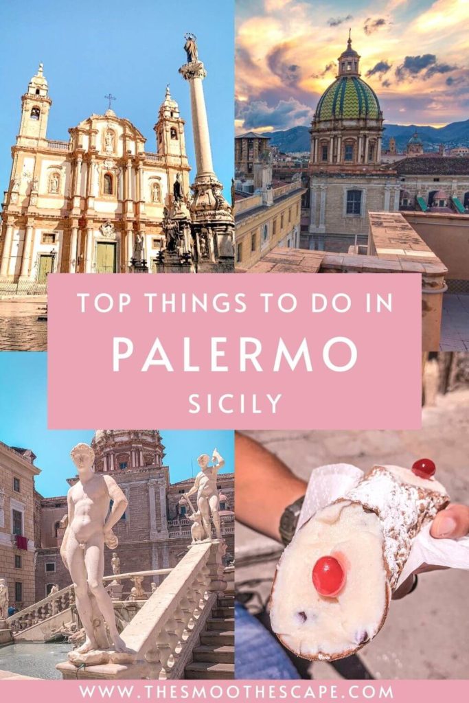 A Pinterest pin with four images of Palermo's architecture and sculptures and a text overlay stating: Top things to do in Palermo, Sicily.