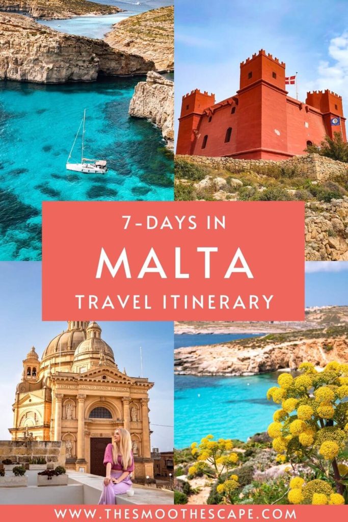 A Pinterest pin with images of Malta's nature and architecture and a text overlay stating: 7 days in Malta travel itinerary.