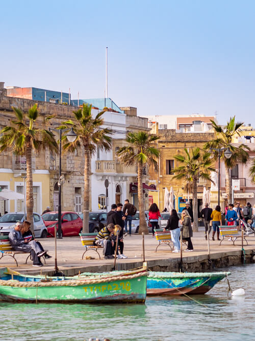 people strolling along the palm-tree-lined waterfront promenade in Marsaxlokk