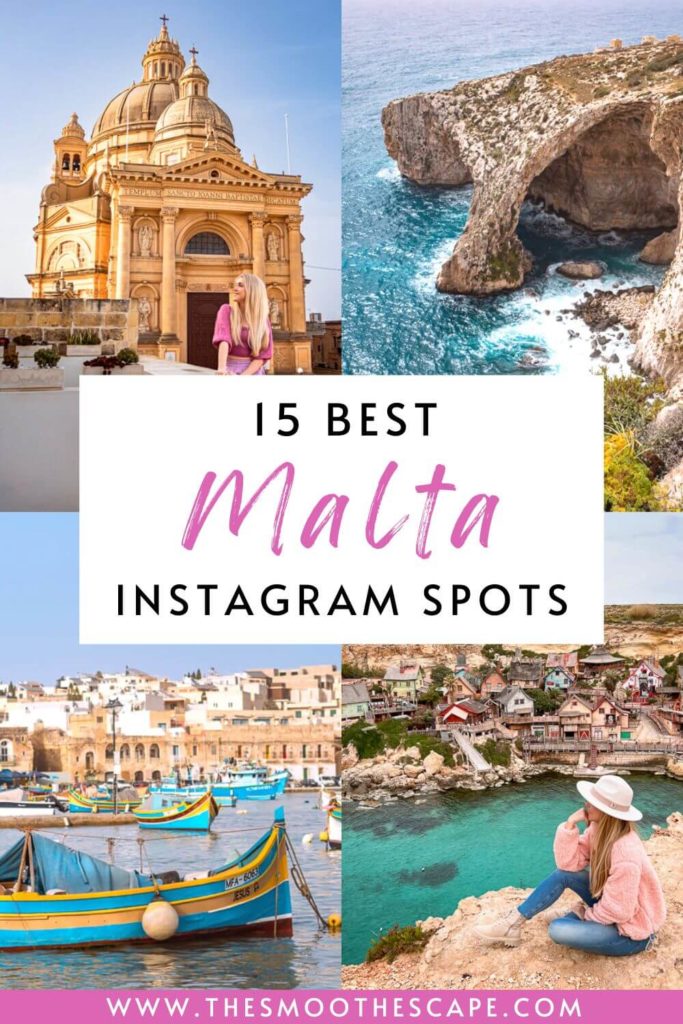 A Pinterest pin with four images of Malta's nature and towns and a text overlay stating: 15 best Malta Instagram spots.